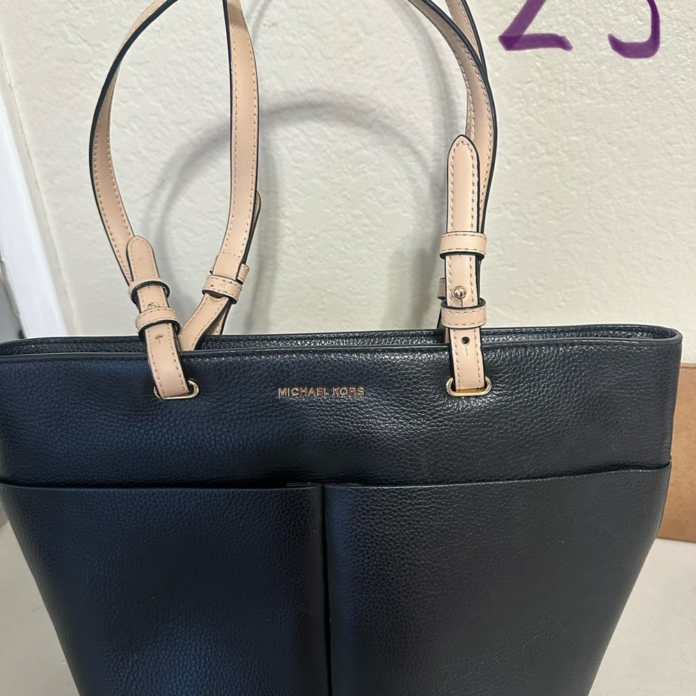 Michael Kors Black Leather Tote with Nude Strap Accents